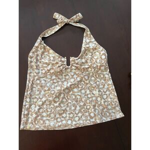Daisy Fuentes Moda Tankini Top Tan Gold Floral Leopard Halter Swimwear Womens 14